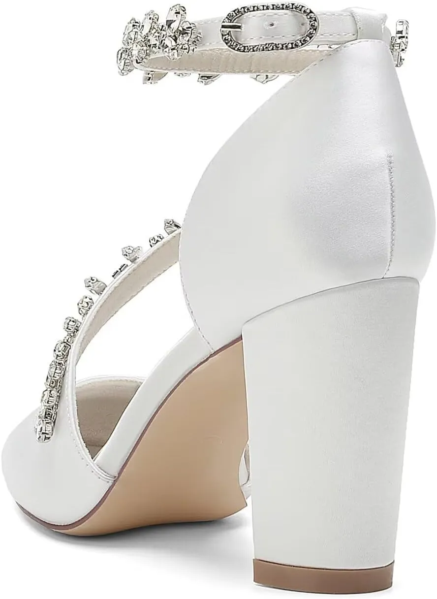 Women's Satin Bridal Pumps - Crystal Embellished Block Heel Wedding Shoes, 3 Inch Chunky Heels with Closed Pointed Toe for Bride, Prom & Cocktail Parties