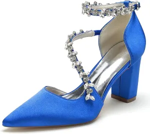 Women's Satin Bridal Pumps - Crystal Embellished Block Heel Wedding Shoes, 3 Inch Chunky Heels with Closed Pointed Toe for Bride, Prom & Cocktail Parties