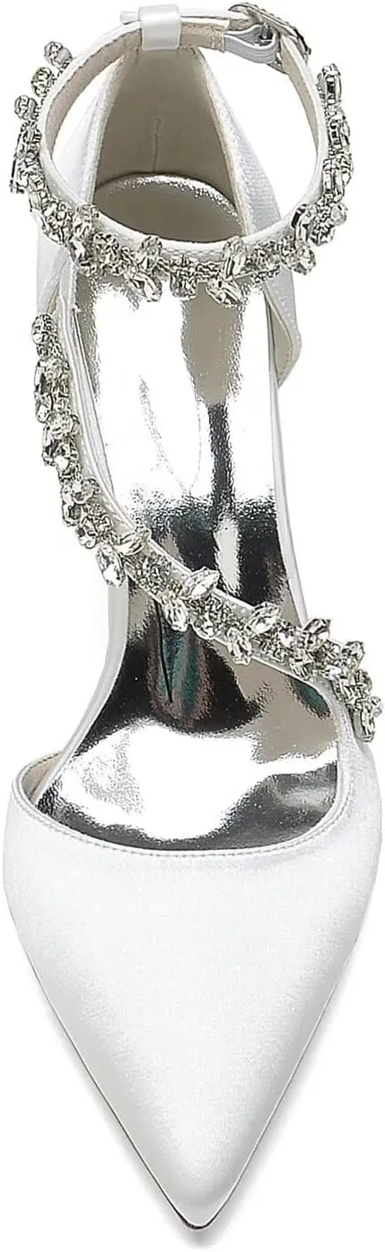 Women's Satin Bridal Pumps - Crystal Embellished Block Heel Wedding Shoes, 3 Inch Chunky Heels with Closed Pointed Toe for Bride, Prom & Cocktail Parties