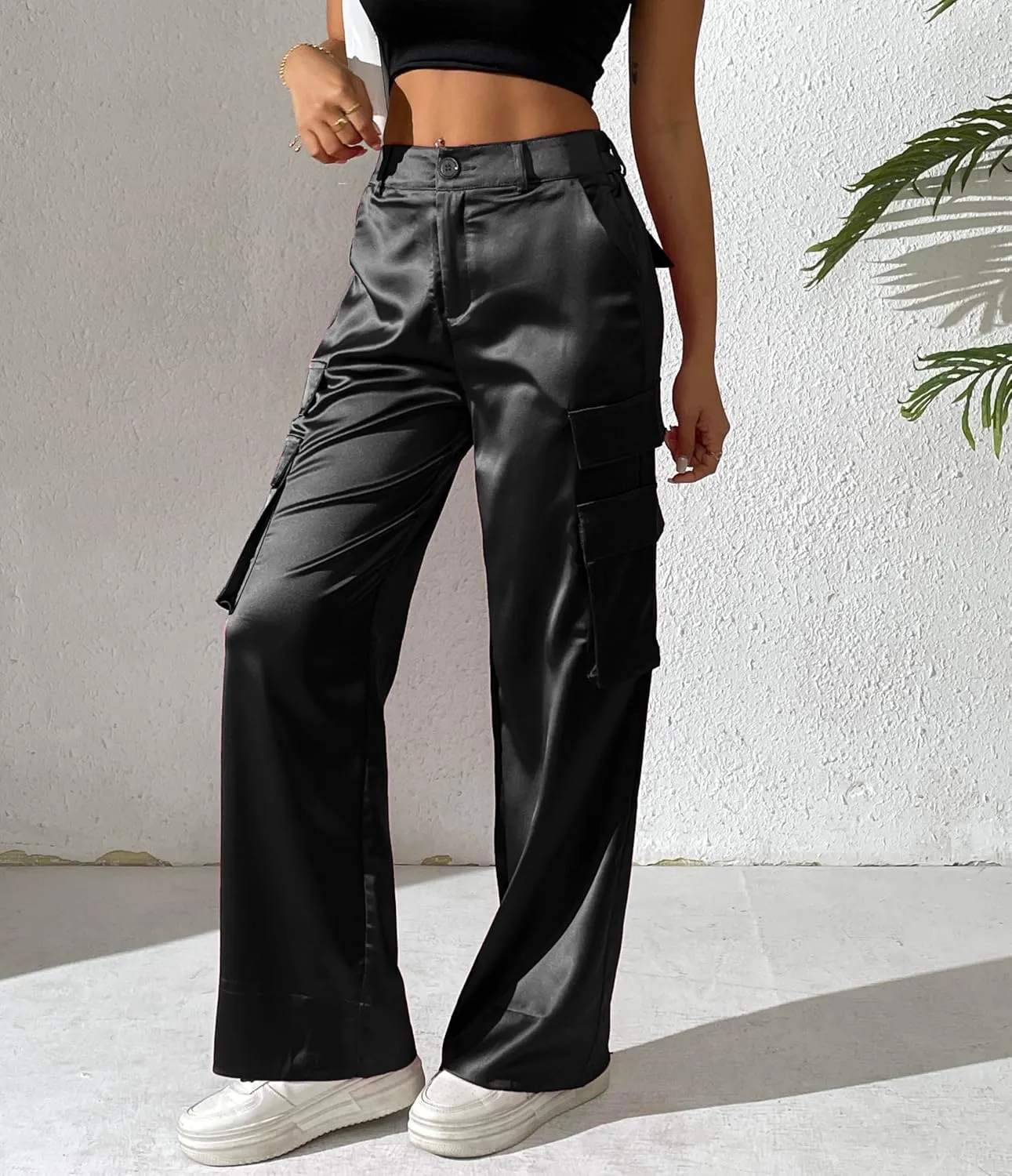 Women's Satin Cargo Wide Leg Pants Silky Party Dressy Casual Pocketed Pant Long Trouser