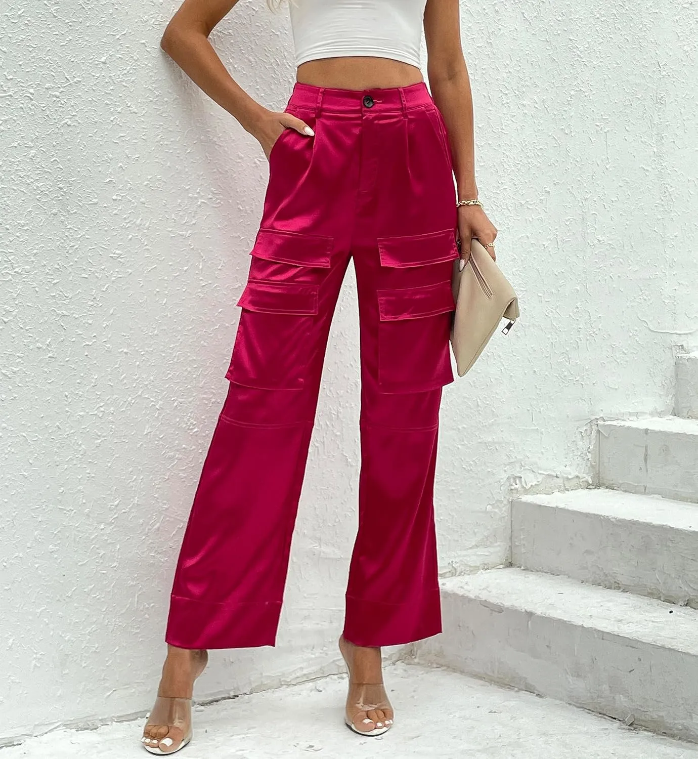 Women's Satin Cargo Wide Leg Pants Silky Party Dressy Casual Pocketed Pant Long Trouser