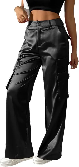 Women's Satin Cargo Wide Leg Pants Silky Party Dressy Casual Pocketed Pant Long Trouser