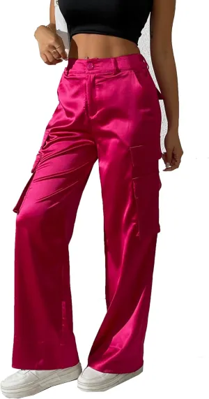 Women's Satin Cargo Wide Leg Pants Silky Party Dressy Casual Pocketed Pant Long Trouser