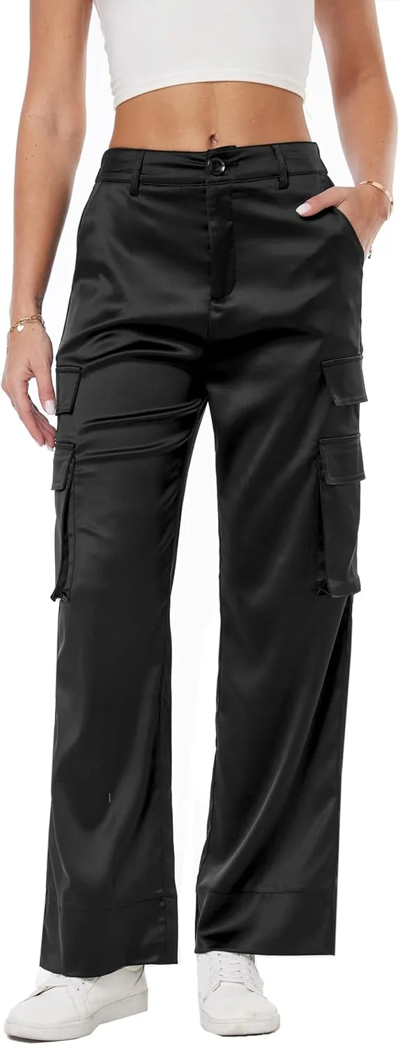 Women's Satin Cargo Wide Leg Pants Silky Party Dressy Casual Pocketed Pant Long Trouser
