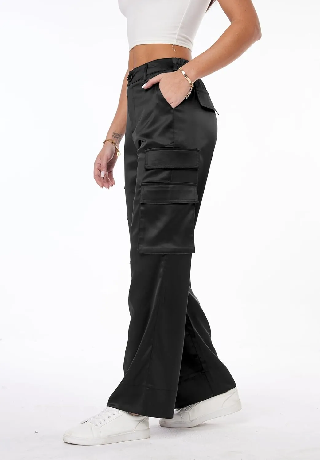 Women's Satin Cargo Wide Leg Pants Silky Party Dressy Casual Pocketed Pant Long Trouser