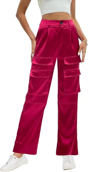 Women's Satin Cargo Wide Leg Pants Silky Party Dressy Casual Pocketed Pant Long Trouser