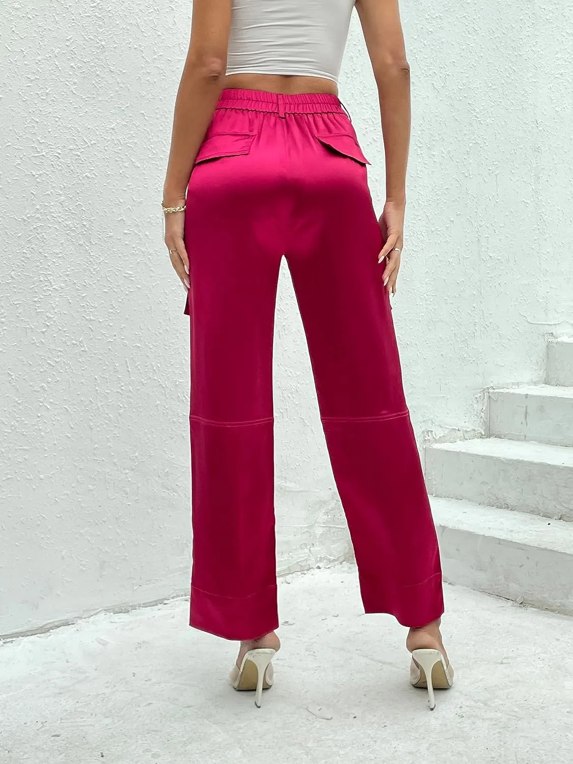 Women's Satin Cargo Wide Leg Pants Silky Party Dressy Casual Pocketed Pant Long Trouser