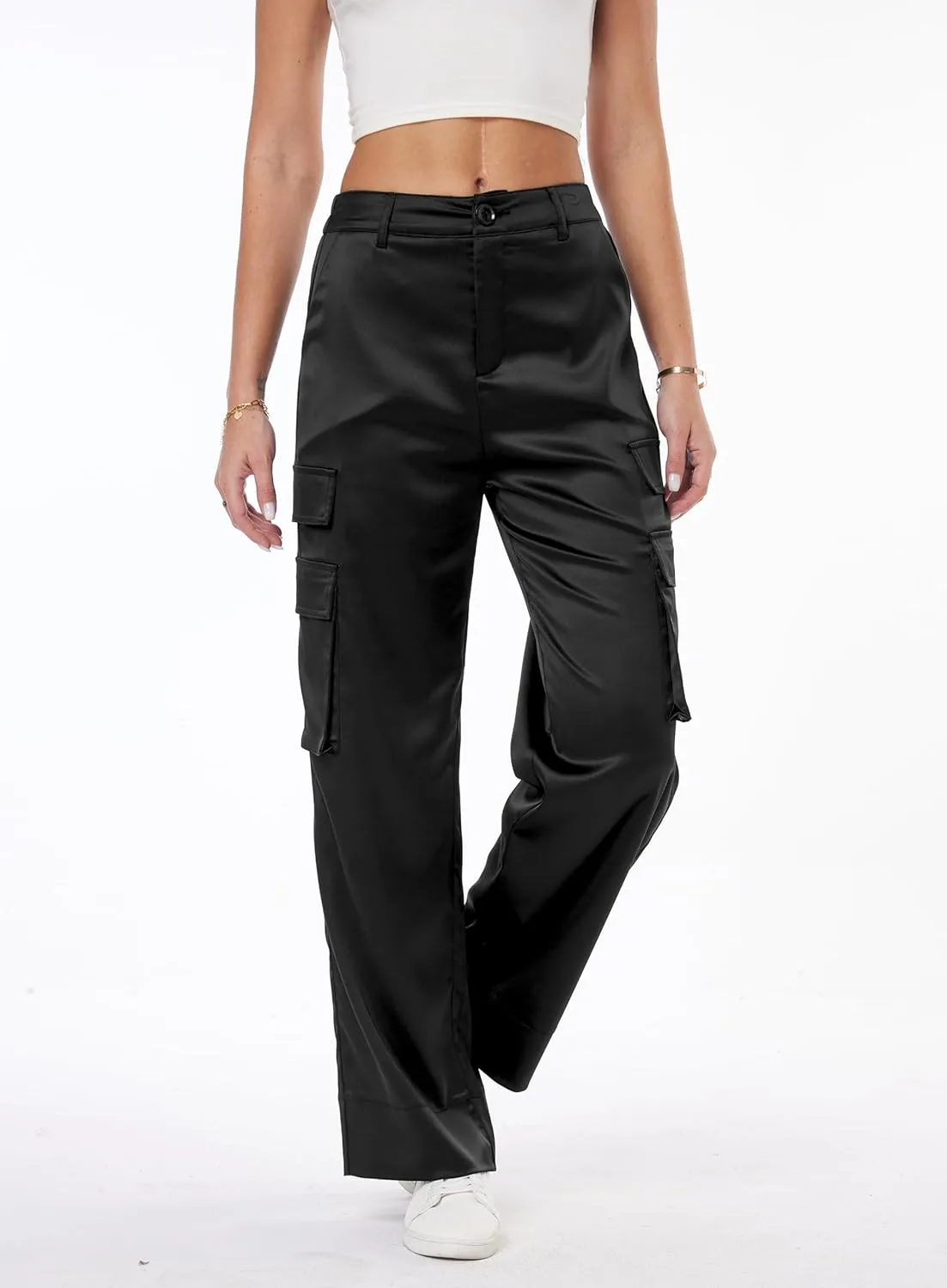 Women's Satin Cargo Wide Leg Pants Silky Party Dressy Casual Pocketed Pant Long Trouser