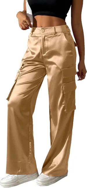 Women's Satin Cargo Wide Leg Pants Silky Party Dressy Casual Pocketed Pant Long Trouser