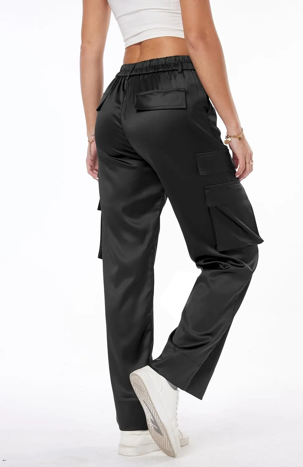 Women's Satin Cargo Wide Leg Pants Silky Party Dressy Casual Pocketed Pant Long Trouser