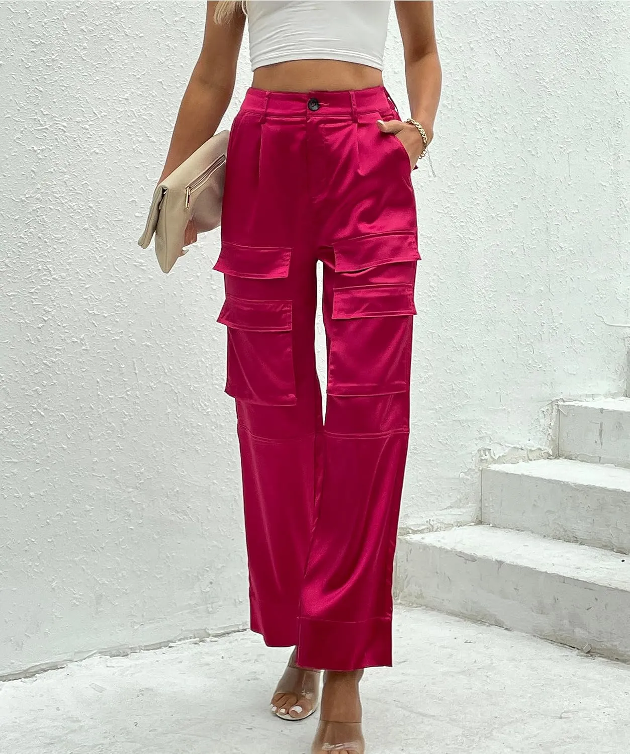 Women's Satin Cargo Wide Leg Pants Silky Party Dressy Casual Pocketed Pant Long Trouser