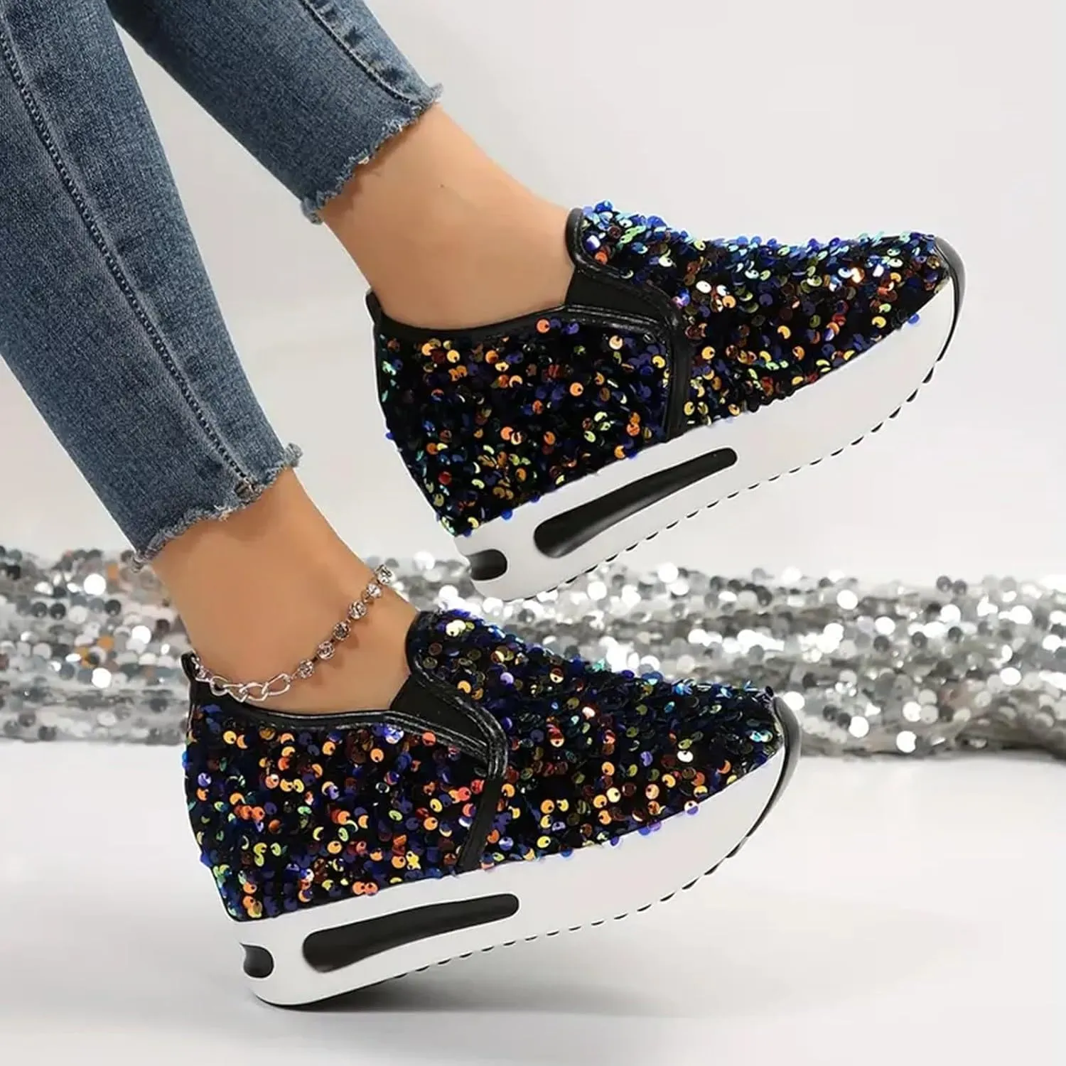 Women's Sequins Platform Sneakers Casual Low Top Slip On Wedge Sports Shoes Fashion Walking Casual Lace up Shoes