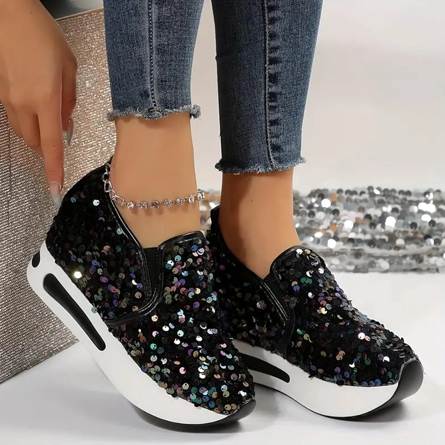 Women's Sequins Platform Sneakers Casual Low Top Slip On Wedge Sports Shoes Fashion Walking Casual Lace up Shoes
