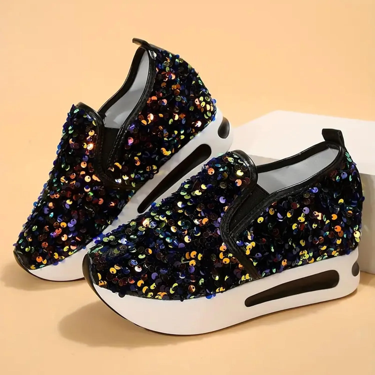 Women's Sequins Platform Sneakers Casual Low Top Slip On Wedge Sports Shoes Fashion Walking Casual Lace up Shoes