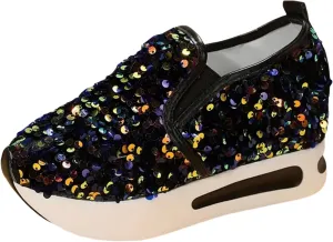 Women's Sequins Platform Sneakers Casual Low Top Slip On Wedge Sports Shoes Fashion Walking Casual Lace up Shoes