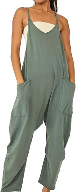 Women's V Neck Sleeveless Jumpsuits Spaghetti Straps Harem Long Pants Overalls with Pockets