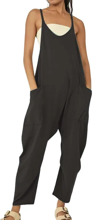 Women's V Neck Sleeveless Jumpsuits Spaghetti Straps Harem Long Pants Overalls with Pockets