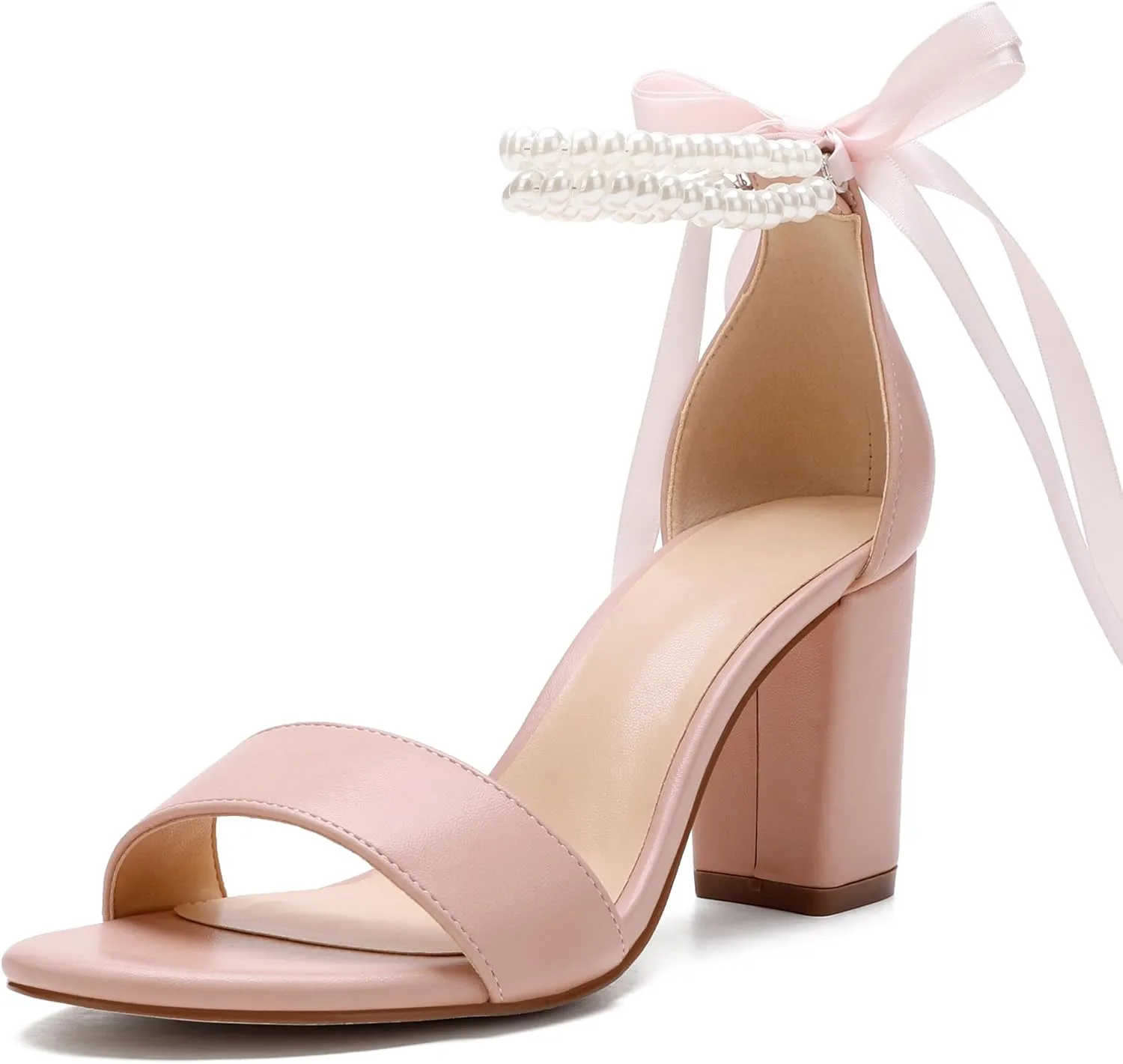Women's Wedding Block Heels for Bride Women Pearls Chunky Heeled Pumps Open Toe Bridal Shoes Sandals