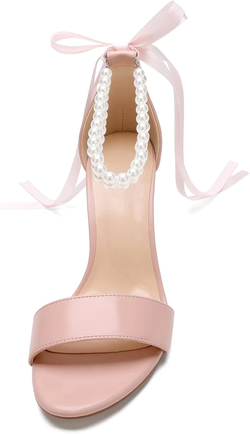 Women's Wedding Block Heels for Bride Women Pearls Chunky Heeled Pumps Open Toe Bridal Shoes Sandals