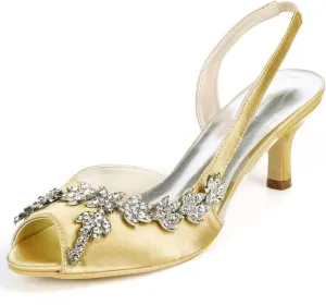 Womens Wedding Shoes Wedding Heels Peep Toe Wedding Shoes for Bride High Heels Slip On Rhinestones Bridal Shoes Satin Evening Party Prom Dress(Gold,3.5 UK)