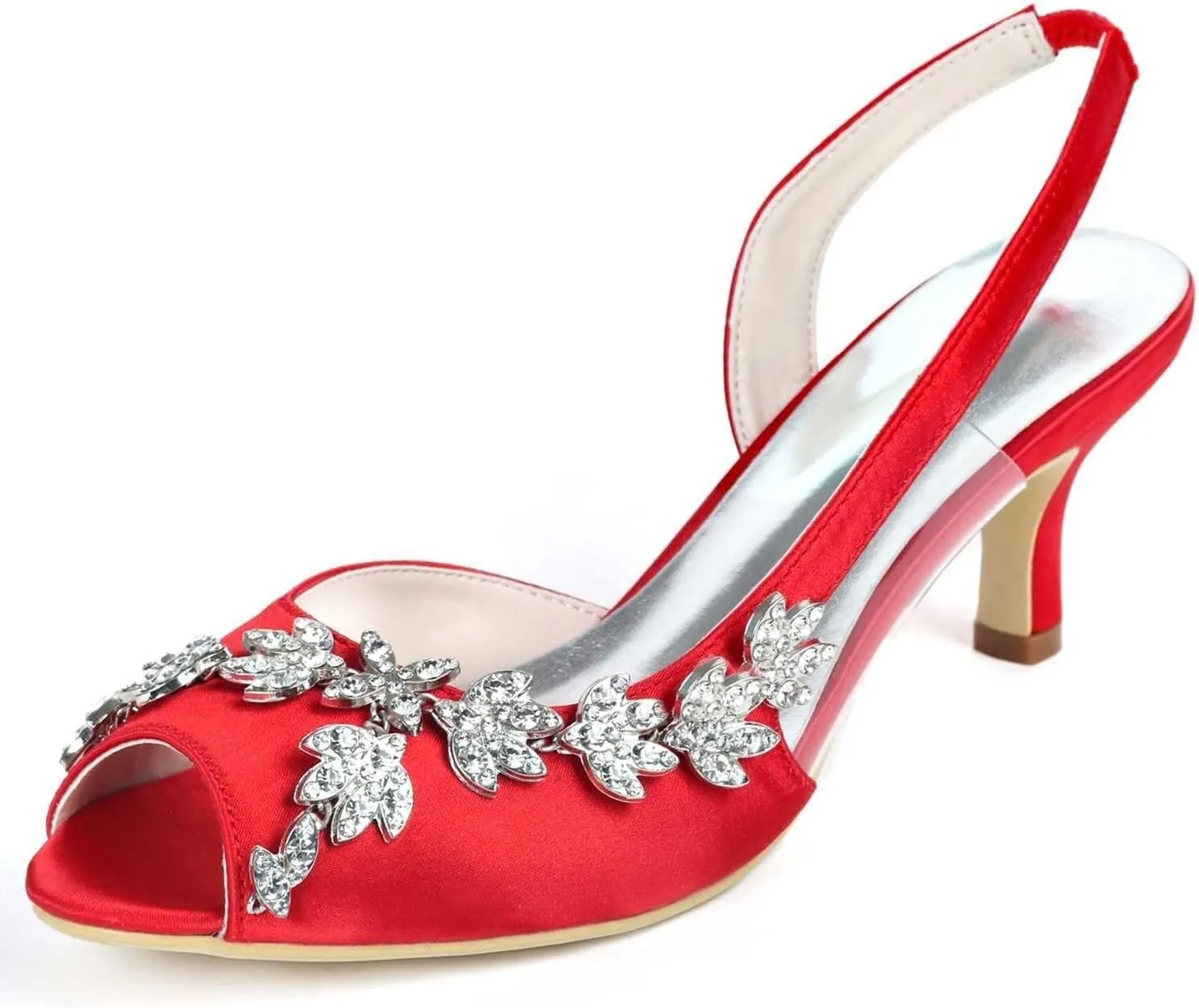Womens Wedding Shoes Wedding Heels Peep Toe Wedding Shoes for Bride High Heels Slip On Rhinestones Bridal Shoes Satin Evening Party Prom Dress(Red,6.5 UK)