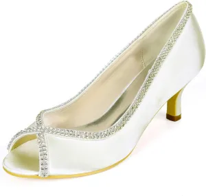 Womens Wedding Shoes Wedding Heels Wedding Shoes for Bride Peep Toe High Heels Slip On Rhinestones Bridal Shoes Satin Evening Party Prom Dress Shoes Pumps Ivory