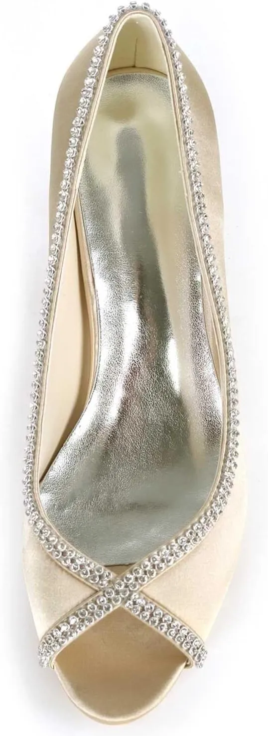 Womens Wedding Shoes Wedding Heels Wedding Shoes for Bride Peep Toe High Heels Slip On Rhinestones Bridal Shoes Satin Evening Party Prom Dress Shoes Pumps Ivory