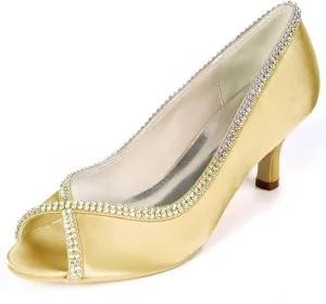 Womens Wedding Shoes Wedding Heels Wedding Shoes for Bride Peep Toe High Heels Slip On Rhinestones Bridal Shoes Satin Evening Party Prom Dress Shoes Pumps Ivory