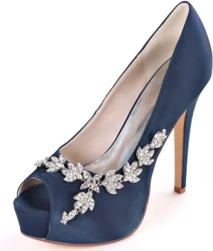Womens Wedding Shoes Wedding Shoes for Bride High Heel Platform Bridal Shoes Rhinestones Wedding Heels for Women Pumps Satin Evening Party Prom Dress Shoes Dark Purple(Dark Blue,4 UK)