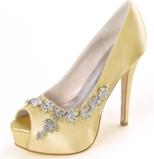 Womens Wedding Shoes Wedding Shoes for Bride High Heel Platform Bridal Shoes Rhinestones Wedding Heels for Women Pumps Satin Evening Party Prom Dress Shoes Dark Purple(Gold,3.5 UK)