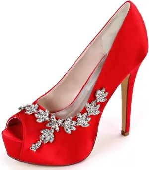 Womens Wedding Shoes Wedding Shoes for Bride High Heel Platform Bridal Shoes Rhinestones Wedding Heels for Women Pumps Satin Evening Party Prom Dress Shoes Dark Purple(Red,4 UK)