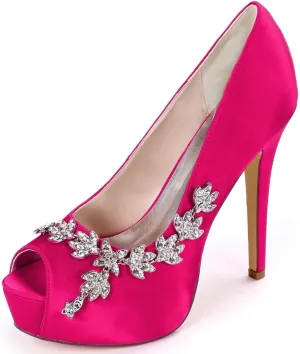 Womens Wedding Shoes Wedding Shoes for Bride High Heel Platform Bridal Shoes Rhinestones Wedding Heels for Women Pumps Satin Evening Party Prom Dress Shoes Dark Purple(Rose Red,4 UK)