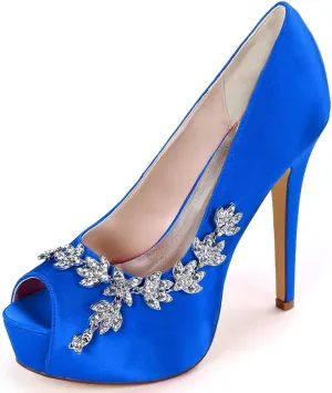 Womens Wedding Shoes Wedding Shoes for Bride High Heel Platform Bridal Shoes Rhinestones Wedding Heels for Women Pumps Satin Evening Party Prom Dress Shoes Dark Purple(Royal Blue,5 UK)