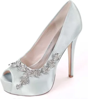 Womens Wedding Shoes Wedding Shoes for Bride High Heel Platform Bridal Shoes Rhinestones Wedding Heels for Women Pumps Satin Evening Party Prom Dress Shoes Dark Purple(Silver,5.5 UK)