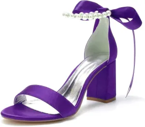 Womens Wedding Shoes Women Round Toe High Heel Pumps Satin Pearl Chunky Heels Ankle Strap Sandals Wedding Bridal Evening Party Dress Shoes(Dark Purple,6 UK)