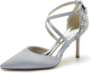 Womens Wedding Shoes Womens Court Shoes Pointed Toe Mid Low Heel Sandals Ladies Ankle Strap Pumps(Silver,3.5 UK)