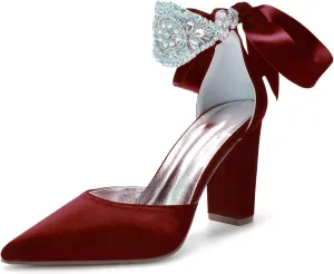 Womens Wedding Shoes Women's High Heel Pearl Pumps Rhinestone Satin Chunky Heels Pointed Toe Fancy Heel Classic Party Wedding Dress Pump Shoes Yellow(Burgundy,3 UK)