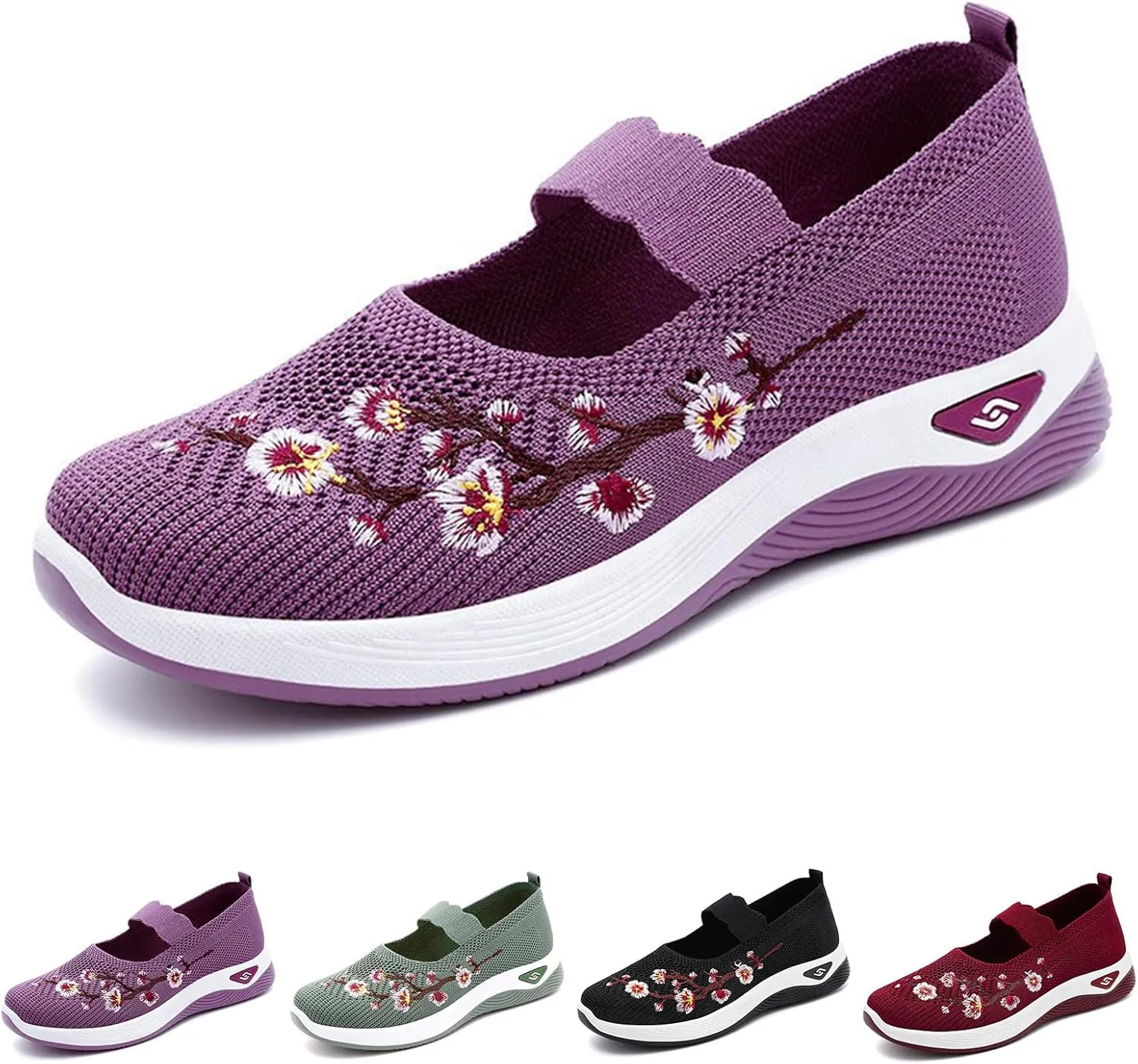 Womens Woven Orthopedic Breathable Soft Shoes Embroidered Flower Shoe Comfort Slip On Walking Shoes Arch Support Casual Walking Sports Sneakers