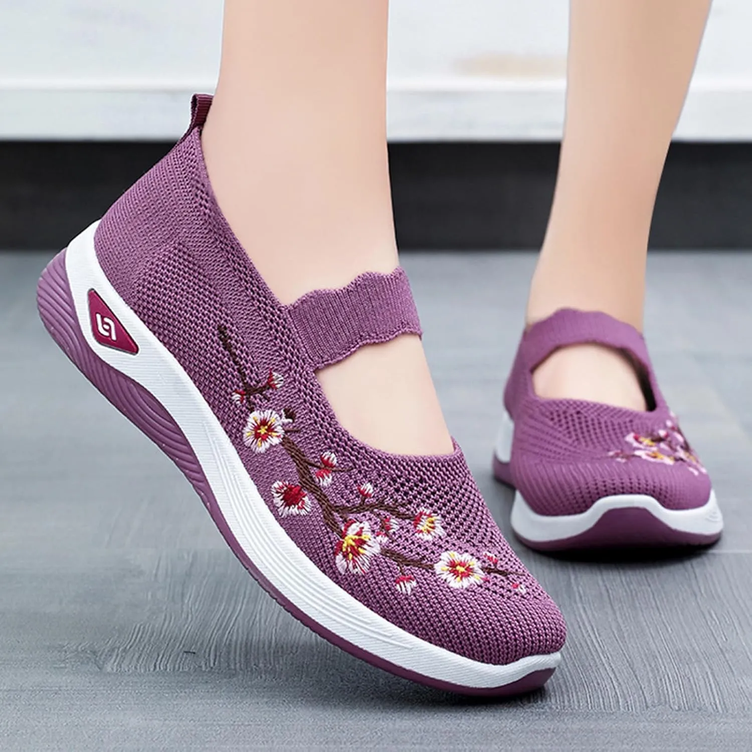 Womens Woven Orthopedic Breathable Soft Shoes Embroidered Flower Shoe Comfort Slip On Walking Shoes Arch Support Casual Walking Sports Sneakers