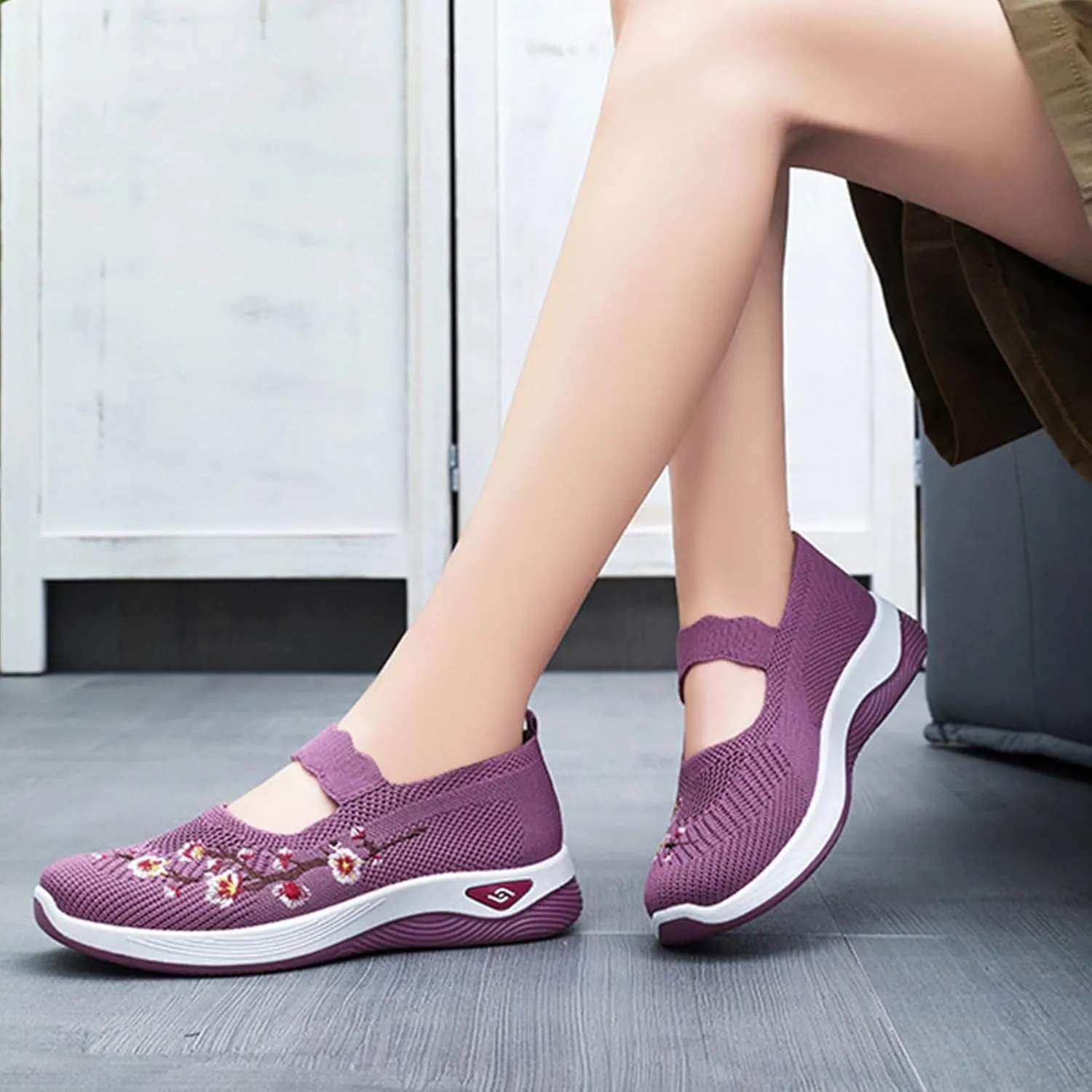 Womens Woven Orthopedic Breathable Soft Shoes Embroidered Flower Shoe Comfort Slip On Walking Shoes Arch Support Casual Walking Sports Sneakers