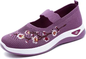 Womens Woven Orthopedic Breathable Soft Shoes Embroidered Flower Shoe Comfort Slip On Walking Shoes Arch Support Casual Walking Sports Sneakers