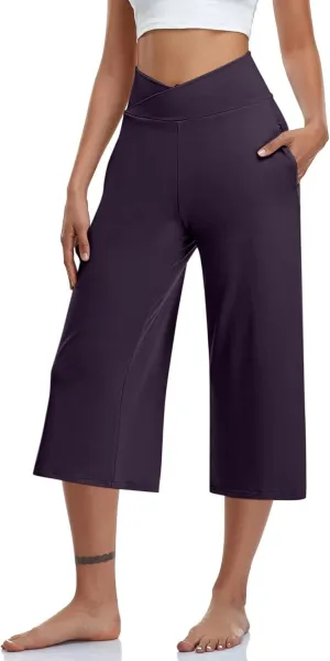 Women's Yoga Capris Pants | High Waist Leggings Crop Straight Leg Athletic Exercise Workout Shorts
