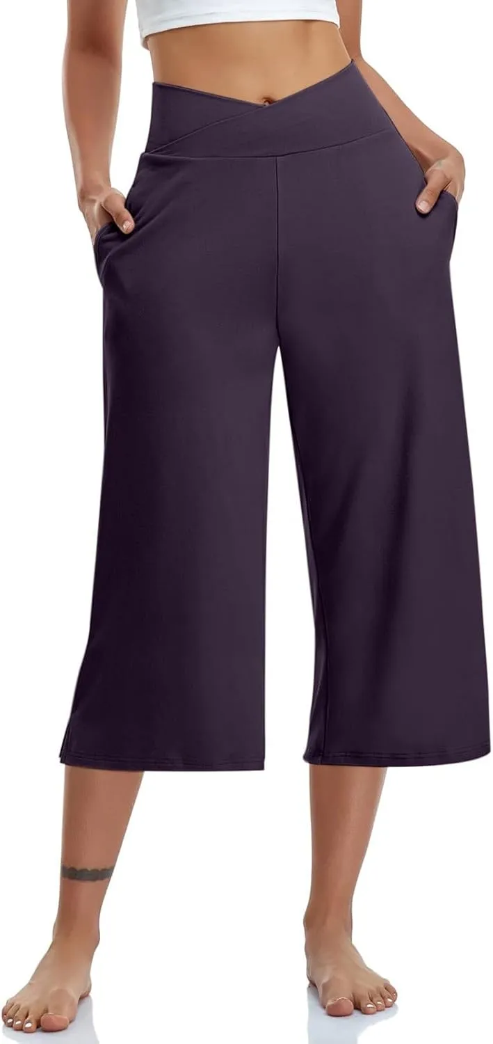 Women's Yoga Capris Pants | High Waist Leggings Crop Straight Leg Athletic Exercise Workout Shorts