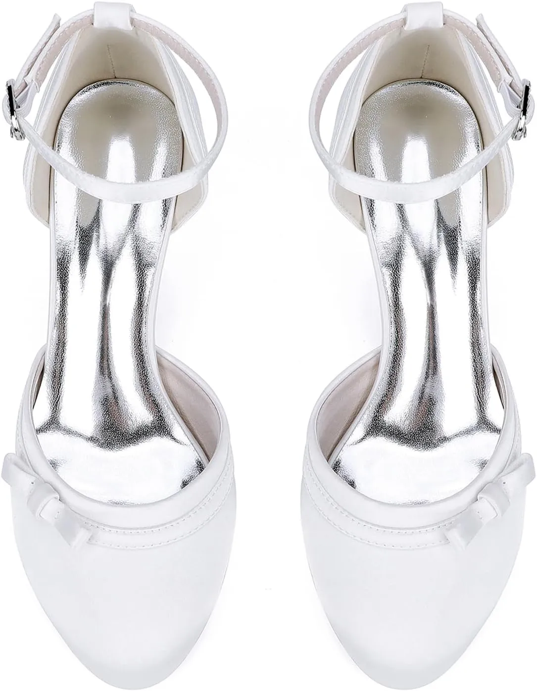 Women'sround Closed Toe Satin Pumps 6.5CM Bow Kitten Heel Bridal Shoes Ankle Strap Wedding Prom Party Dress Comfortable Bridesmaids