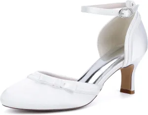 Women'sround Closed Toe Satin Pumps 6.5CM Bow Kitten Heel Bridal Shoes Ankle Strap Wedding Prom Party Dress Comfortable Bridesmaids