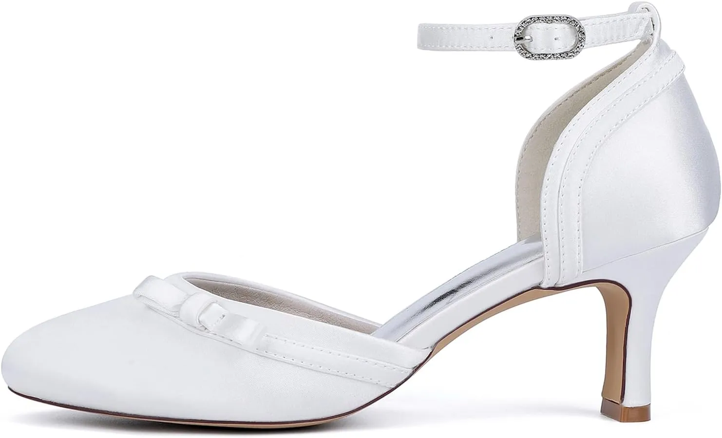 Women'sround Closed Toe Satin Pumps 6.5CM Bow Kitten Heel Bridal Shoes Ankle Strap Wedding Prom Party Dress Comfortable Bridesmaids