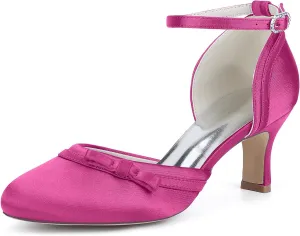 Women'sround Closed Toe Satin Pumps 6.5CM Bow Kitten Heel Bridal Shoes Ankle Strap Wedding Prom Party Dress Comfortable Bridesmaids