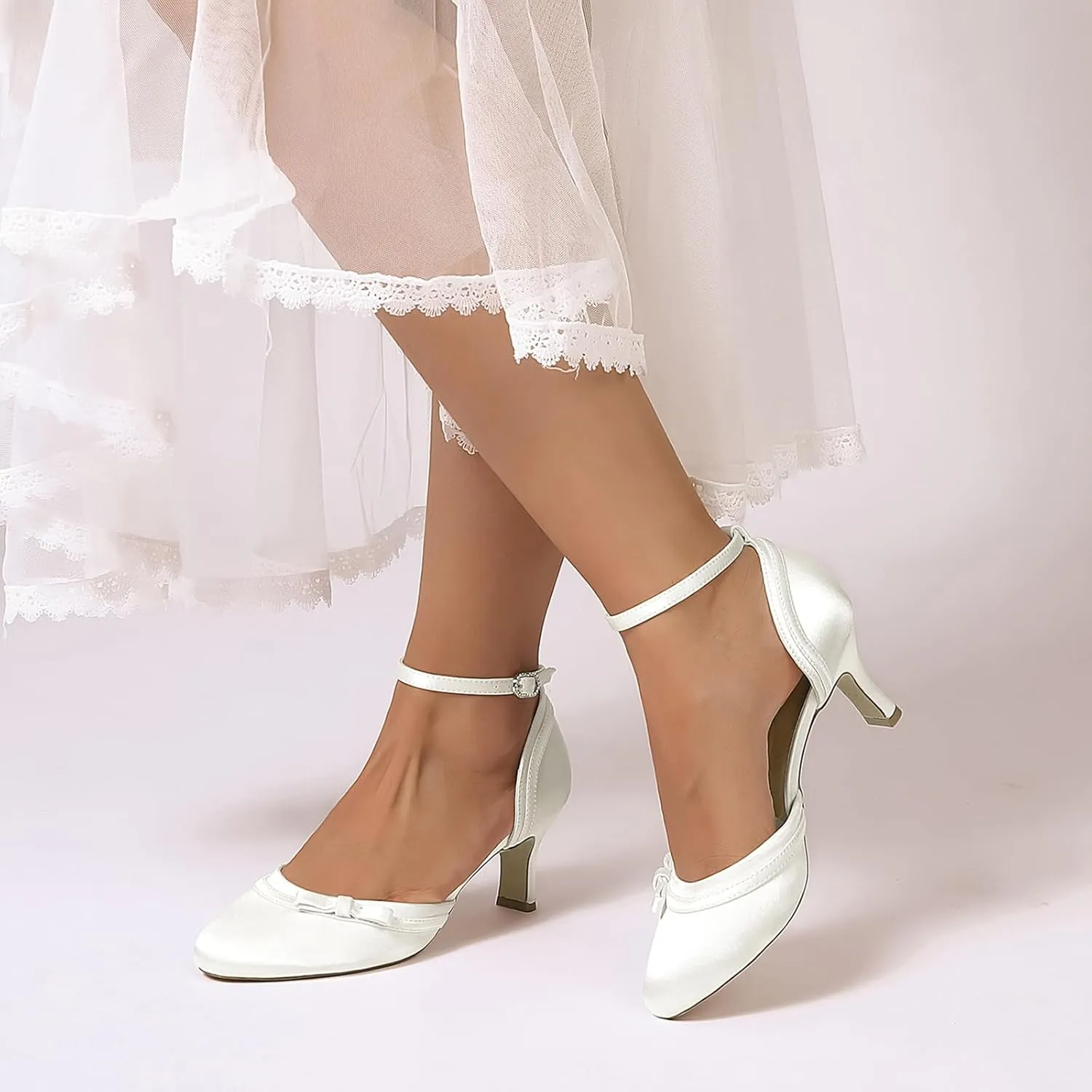 Women'sround Closed Toe Satin Pumps 6.5CM Bow Kitten Heel Bridal Shoes Ankle Strap Wedding Prom Party Dress Comfortable Bridesmaids