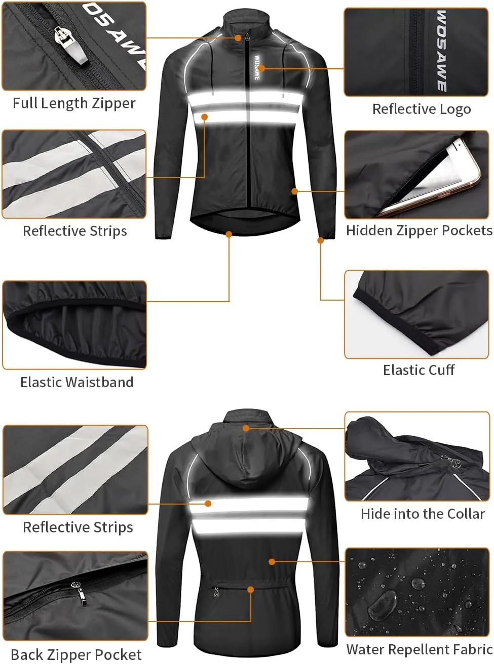 WOSAWE Packable Cycling Jacket Hooded Running Coat Lightweight Biking Windbreaker