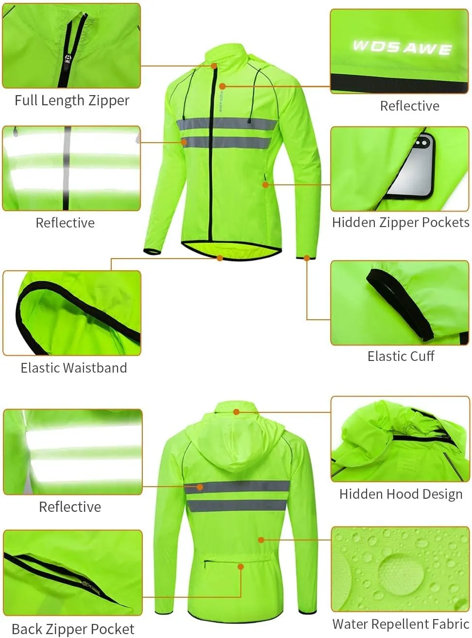 WOSAWE Packable Cycling Jacket Hooded Running Coat Lightweight Biking Windbreaker